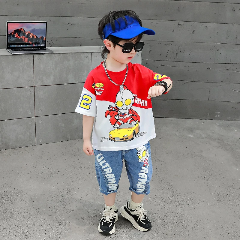 奥特曼衣服男童夏装套装2024新款儿童夏季网红炸街帅气纯棉时尚