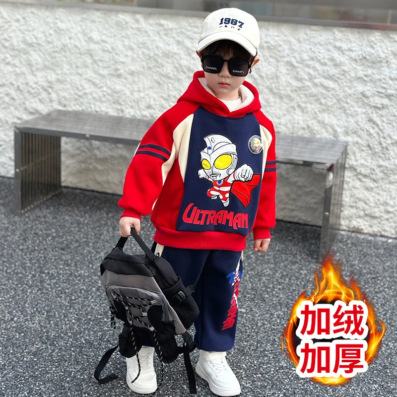 奥特曼衣服男童冬季加绒套装儿童洋气加厚保暖一体绒运动服两件套