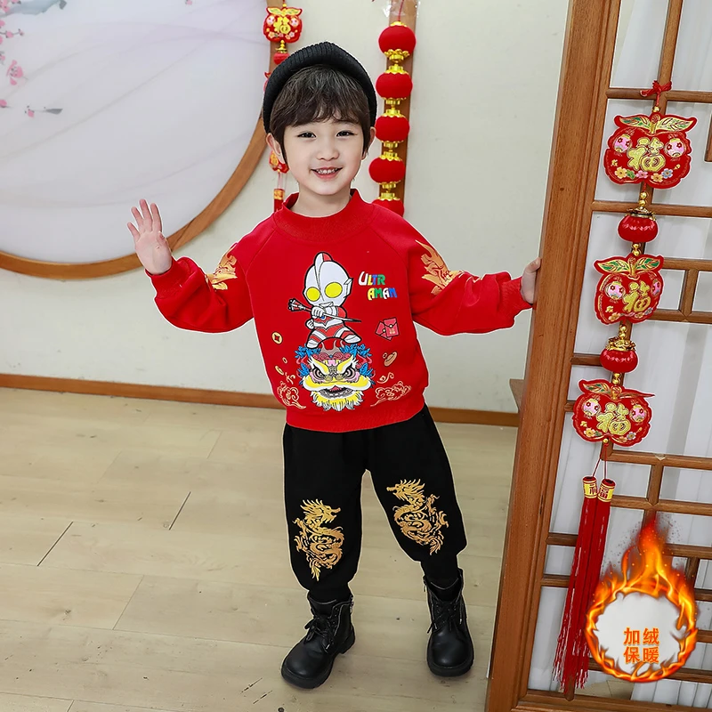 奥特曼男童冬装加绒冬季服套装红色新款中国风儿童加绒卫衣两件套