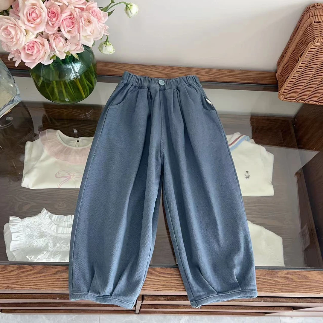 【Golden cherry】女童兰色高腰一粒扣高级洋气百搭休闲裤24389