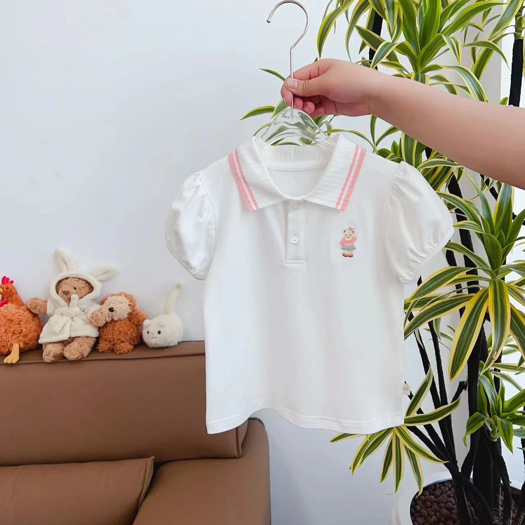 【24310】女童白色小熊海军领条纹两粒扣洋气百搭polo   T恤24310