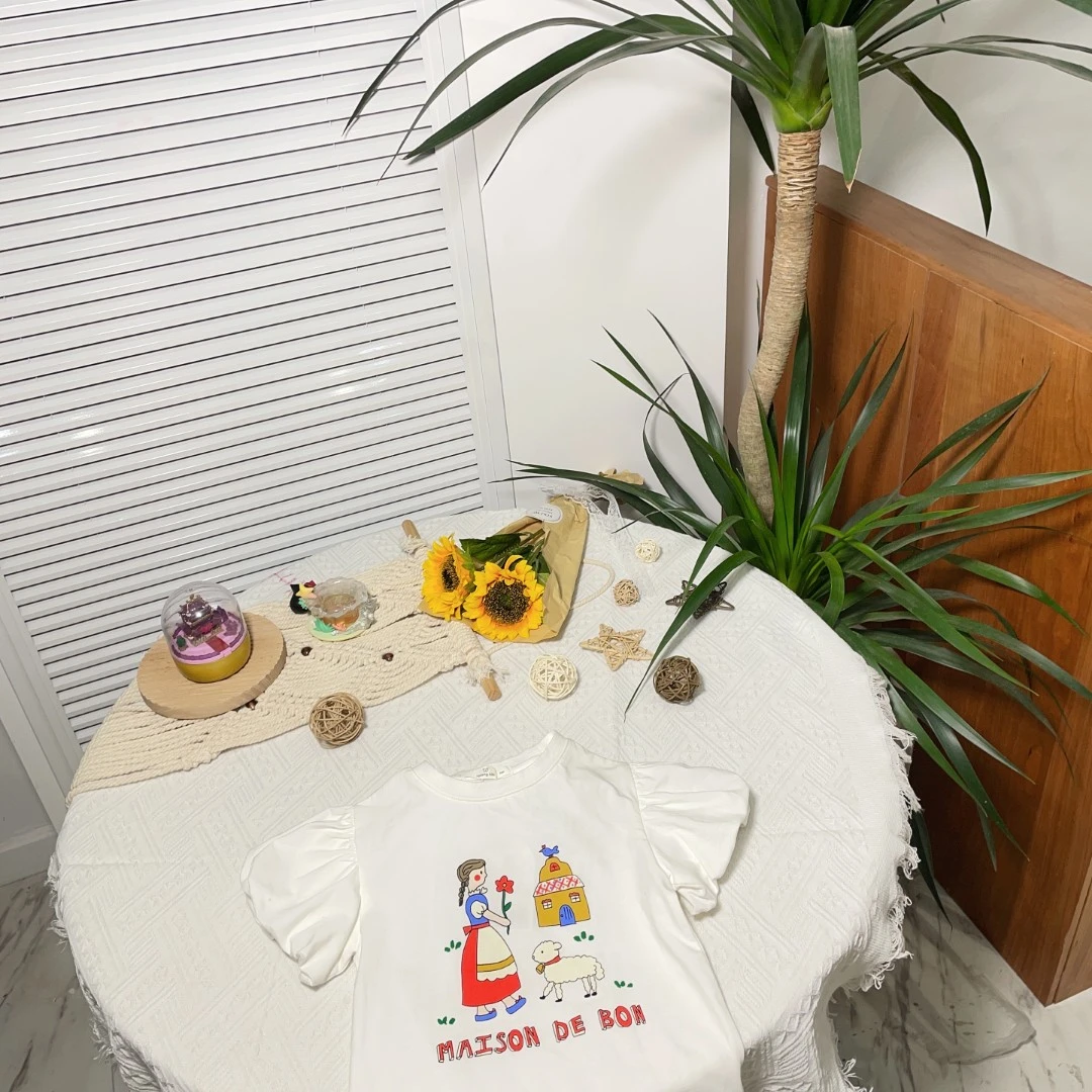 女童泡泡袖可爱卡通圆领短袖上衣7647