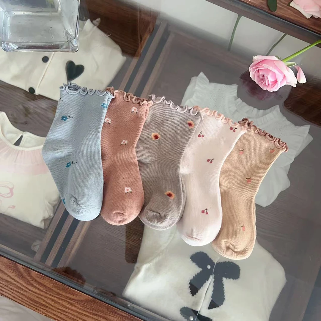 女童纯色碎花简约波浪束脚松紧袜