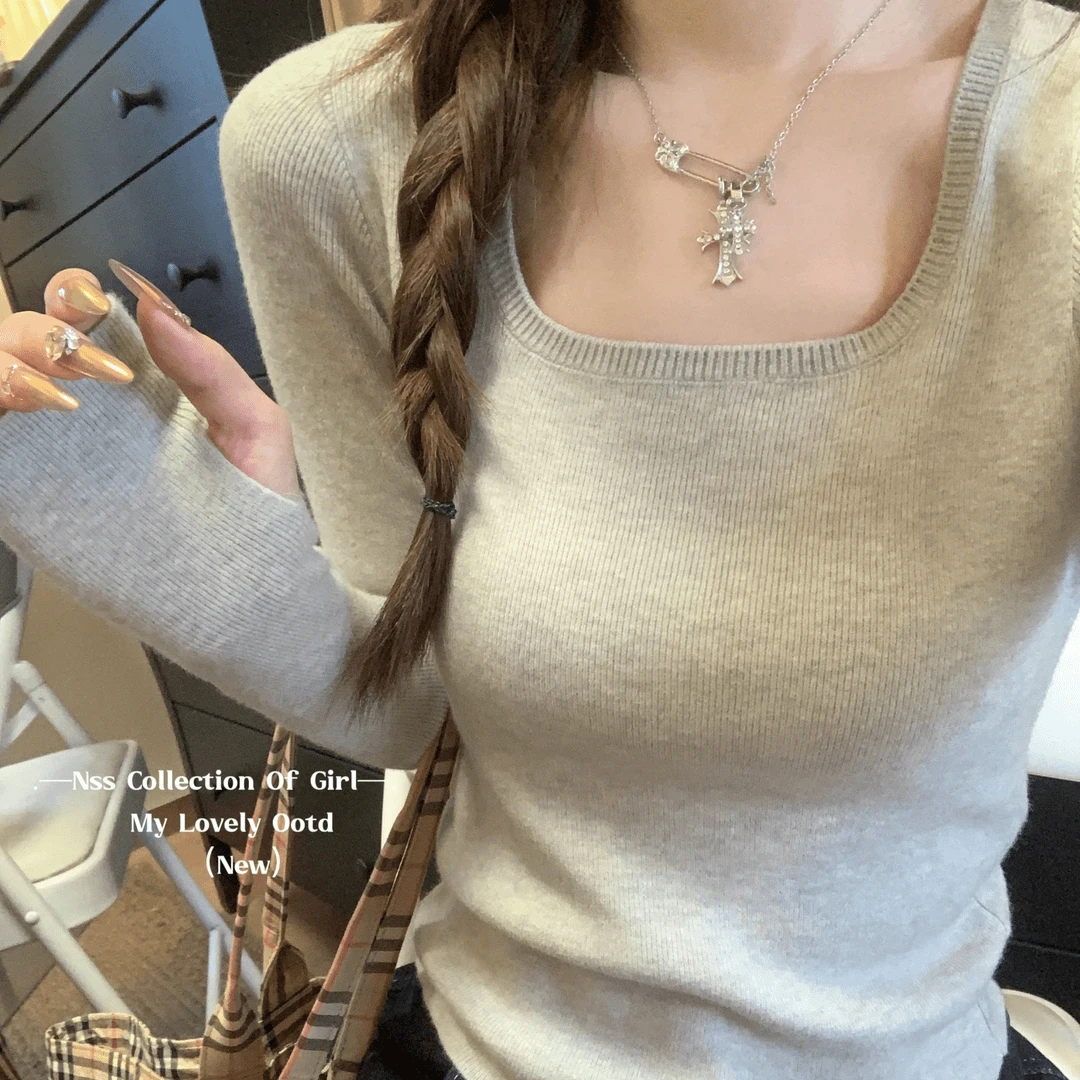 2024早秋新款修身纯欲方领褶皱气质纯色针织衫长袖上衣