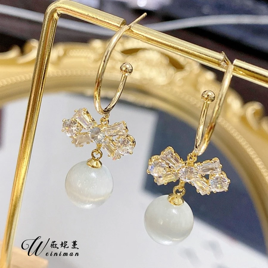 铜合金耳饰 蝴蝶结喵喵石时尚百搭气质耳环W053