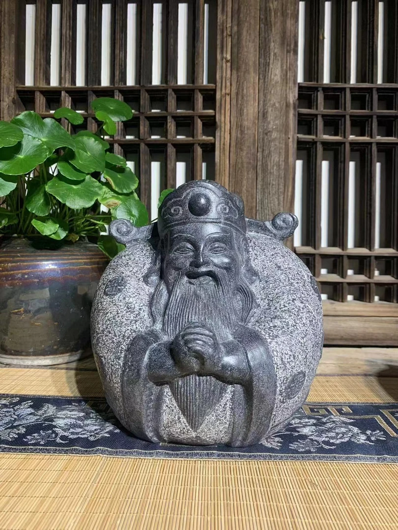 福禄寿三星金钱天然石雕青石复古石头雕刻石来运转工艺品摆件财神