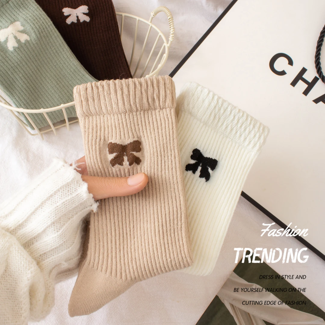 堆堆袜蝴蝶结女士中筒袜春夏薄款长筒堆堆袜竖条纹无骨袜刺绣