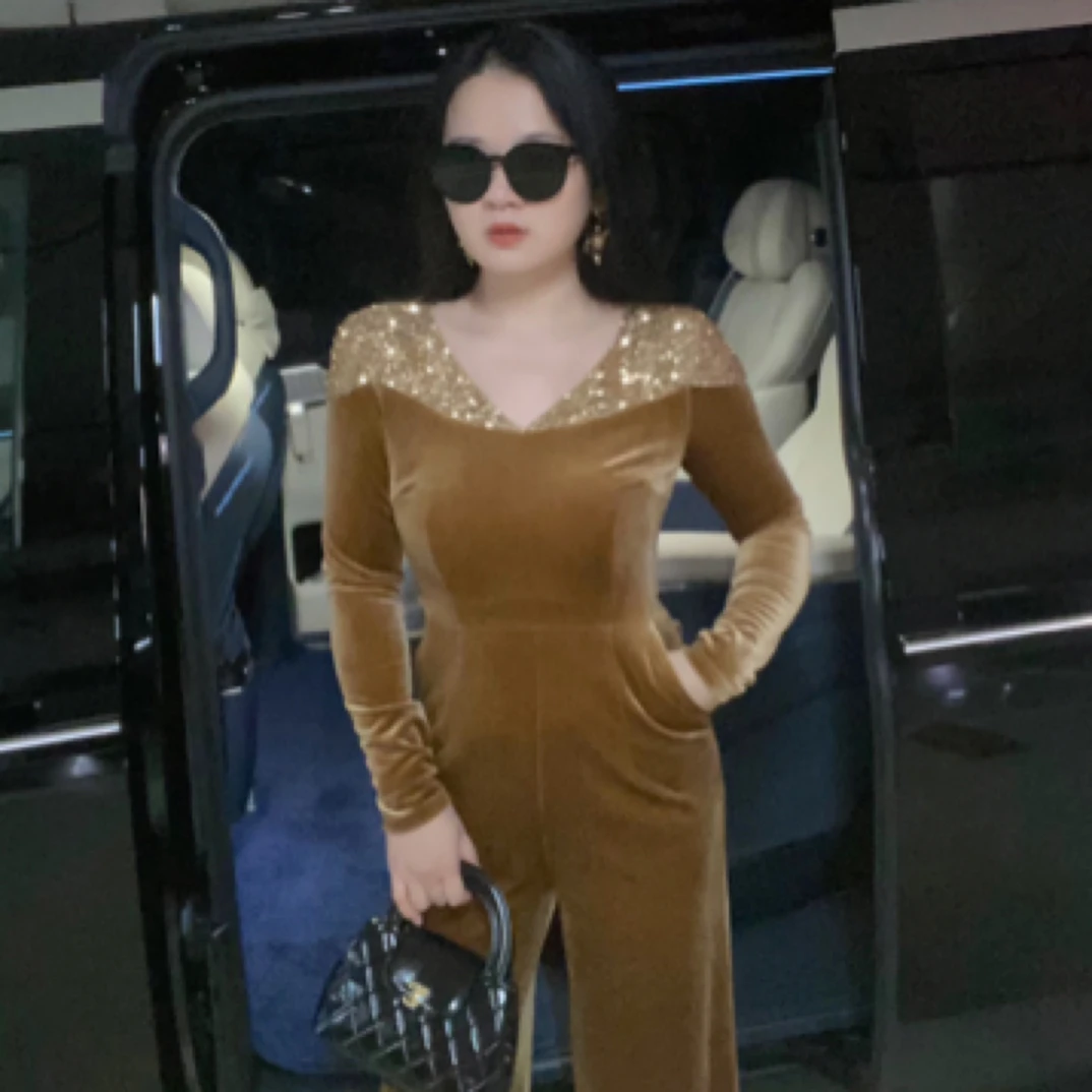 魅鹊 50911秋冬咖啡色显白气质名媛直筒连体长裤