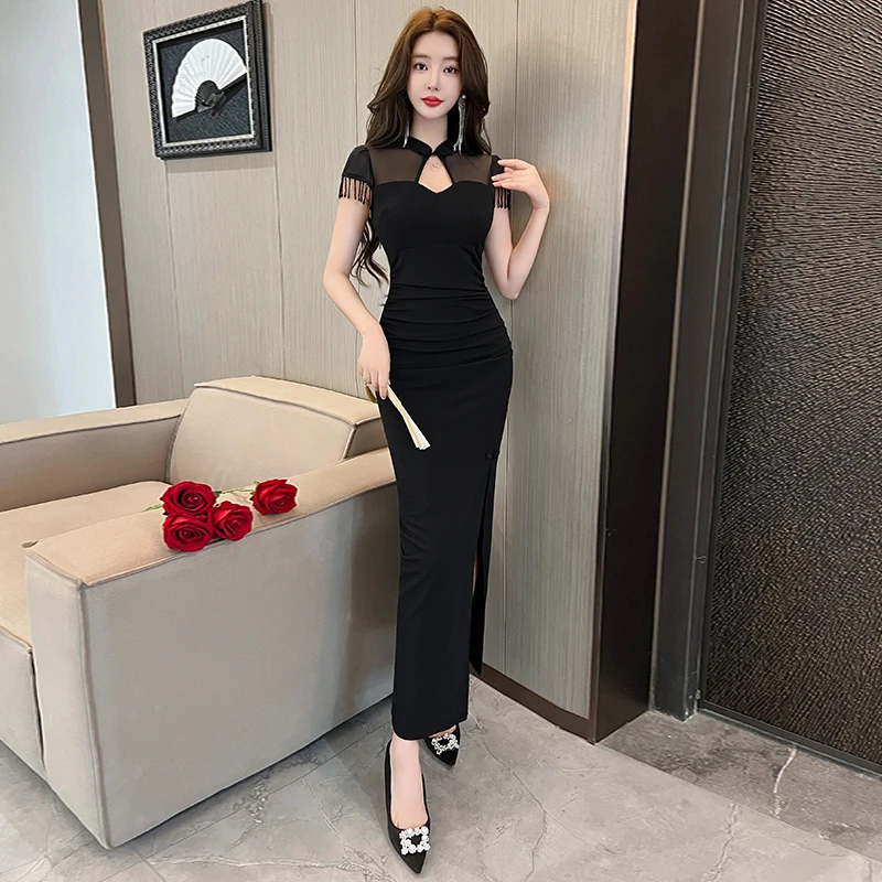 法式复古改良旗袍连衣裙女夏季女装优雅名媛修身显瘦足疗技师礼服