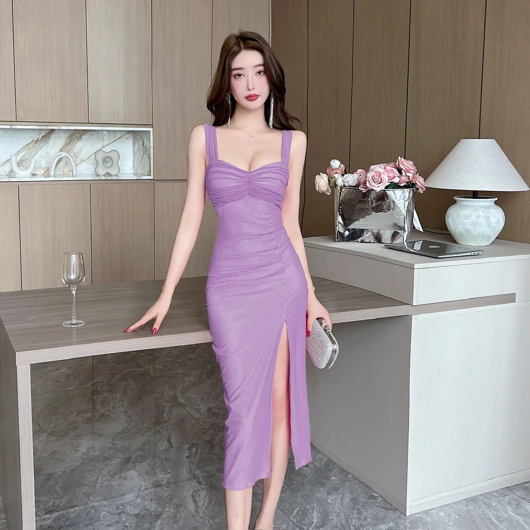 夜店纯欲性感网纱吊带连衣裙女高级感高端宴会气质开叉礼服长裙子