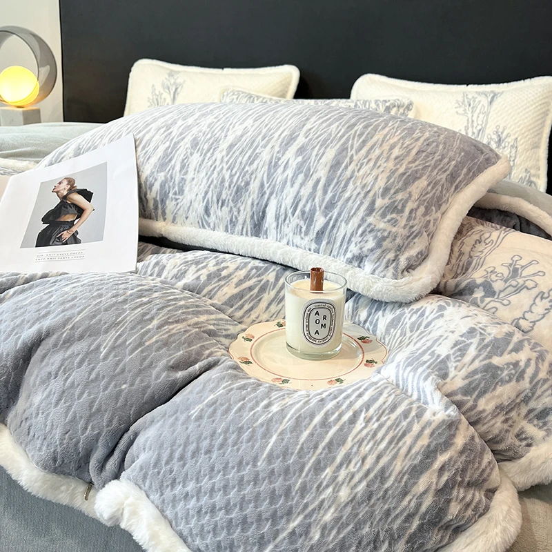 水星家纺适用绒毛宽包边立体雕好牛奶绒四件套法莱绒加绒被套床品