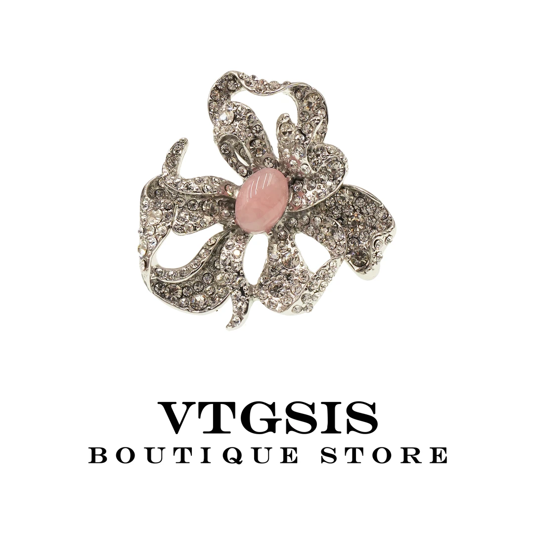 VTGSIS 合金合成锆石戒指 粉色花朵戒指复古活口戒指轻奢饰品1250