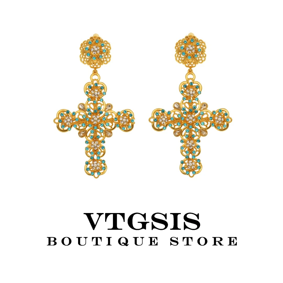 VTGSIS 合金合成锆石耳饰 22103色彩协奏曲蓝色十字耳夹/直播同价