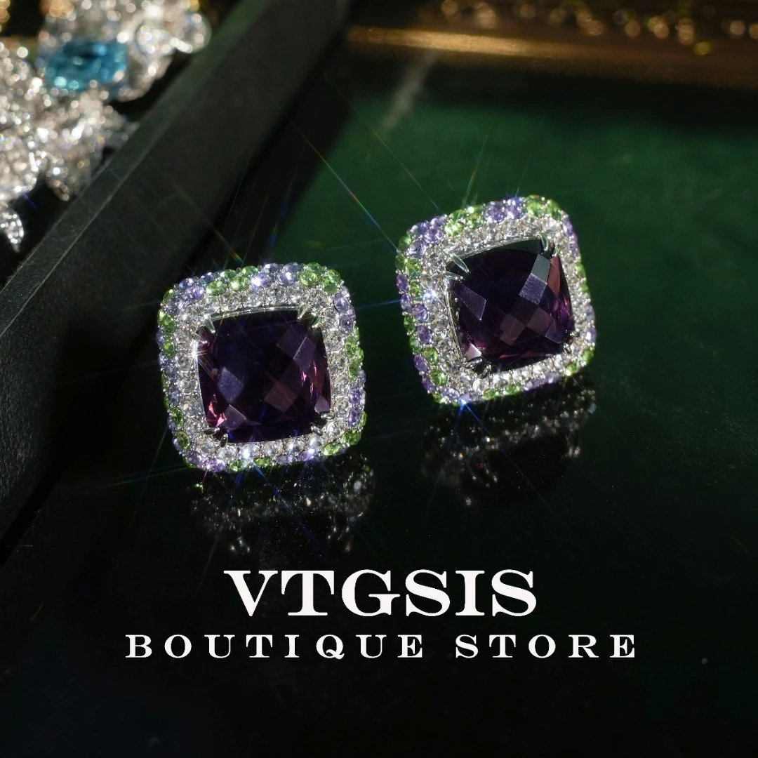VTGSIS 合金合成锆石耳饰 凝夜紫色方型耳夹轻奢风22372