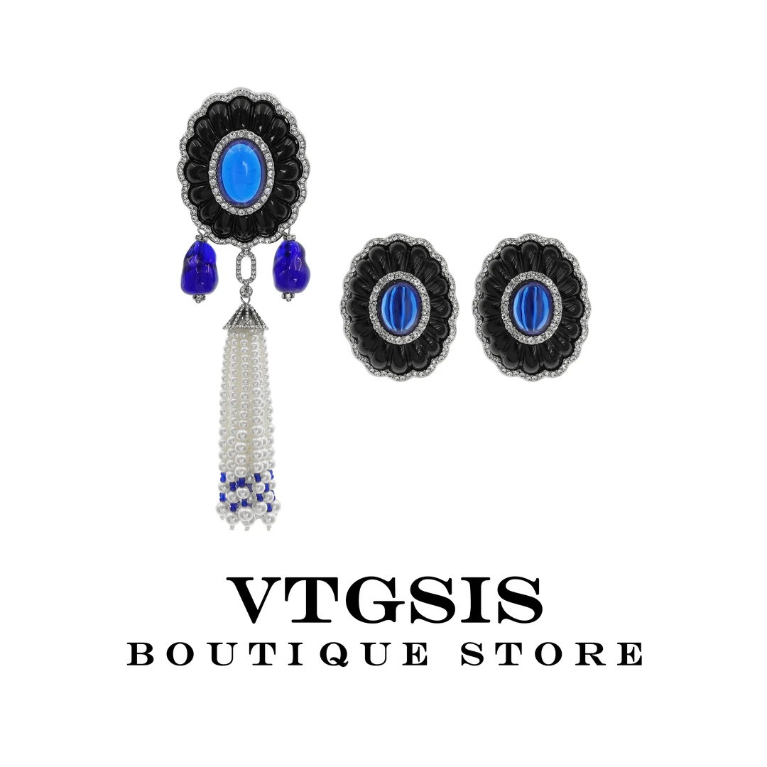 VTGSIS 合金琉璃耳饰 51109/22485深邃暗海蓝色流苏胸针耳饰