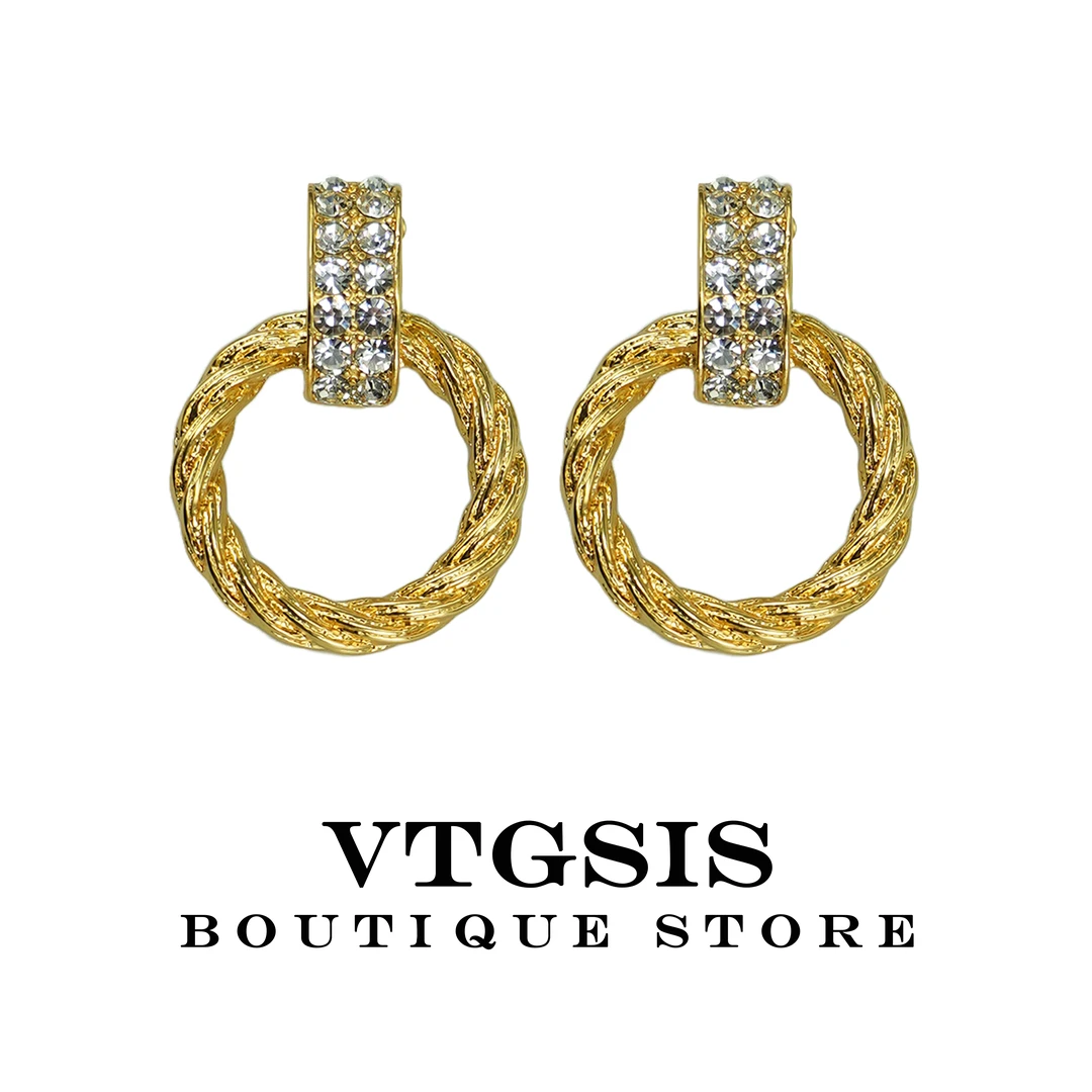 VTGSIS 合金合成锆石耳饰 21060金色麻绳门环耳夹时尚欧美【首饰】