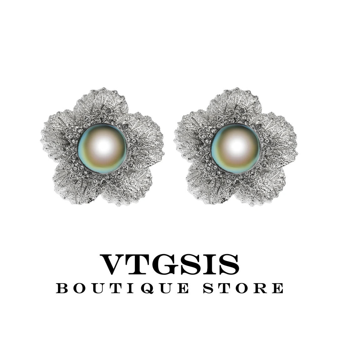 VTGSIS 合金合成锆石耳饰 22459布切手工月光灰色花朵耳夹女饰品