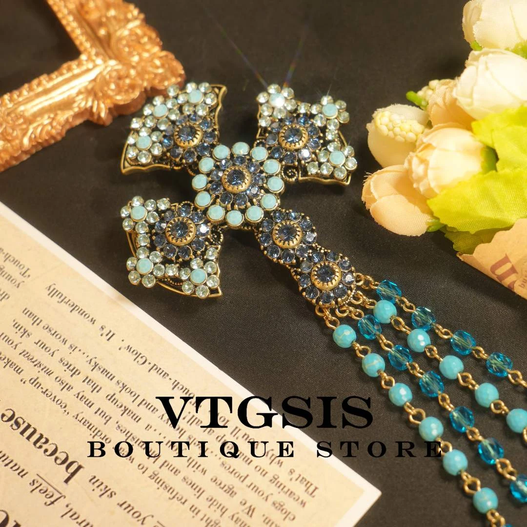 VTGSIS 合金合成锆石胸针 5925蓝色十字流苏胸针