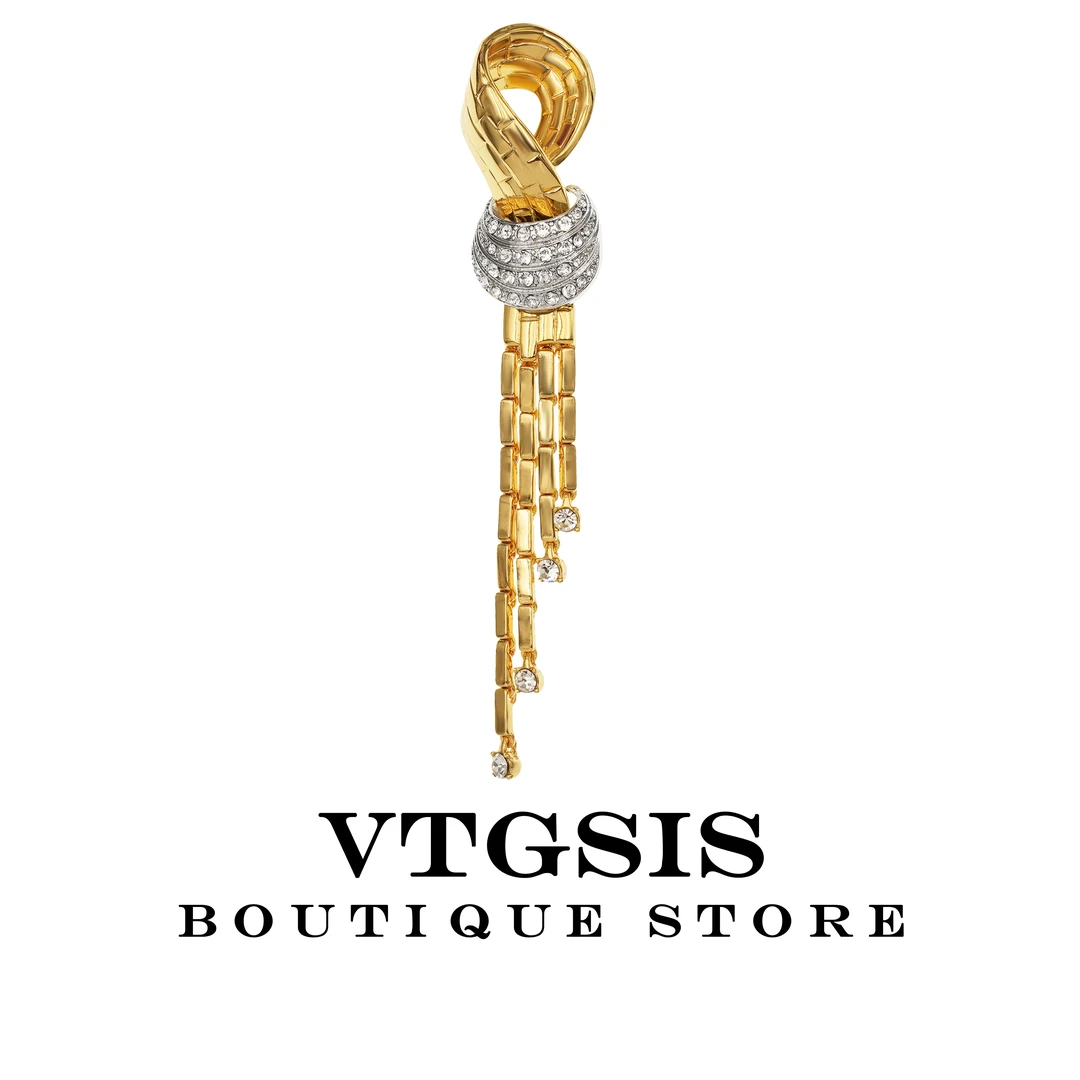 VTGSIS 合金合成锆石胸针 51056薄暮金色绳结流苏胸针爆款冷淡风