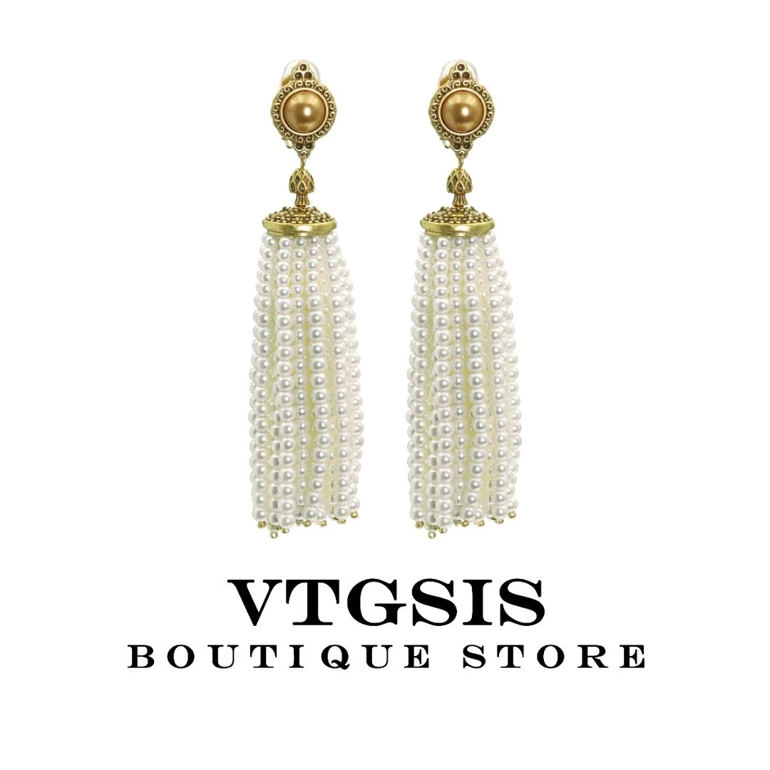 VTGSIS 合金仿珍珠耳饰 复古宫廷风珠珠流苏耳夹女长款ins风22215