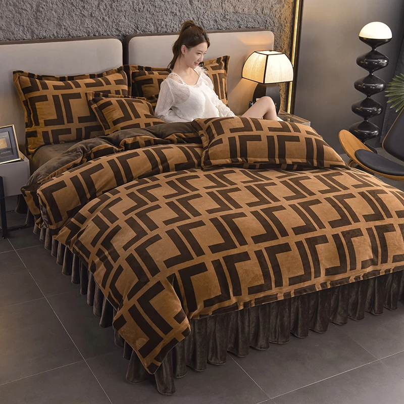 加厚加绒牛奶绒四件套床上用品床裙款冬季法兰绒防静电珊瑚绒