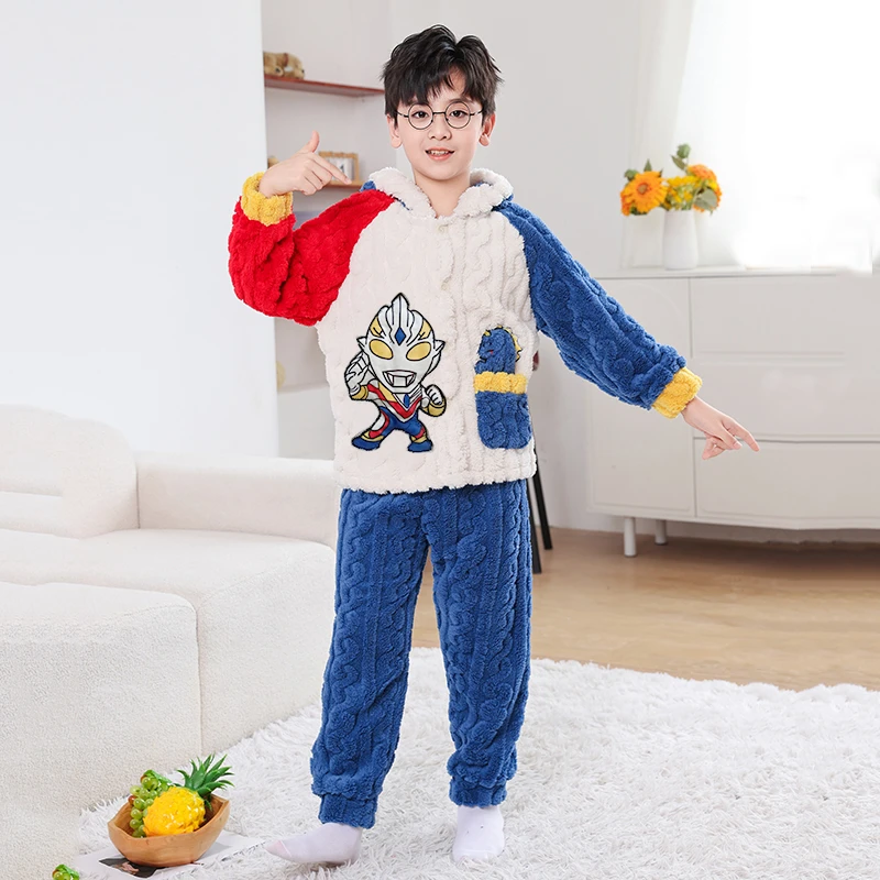 儿童睡衣男童珊瑚绒加厚秋冬季法兰绒小男孩家居服冬天奥特曼套装