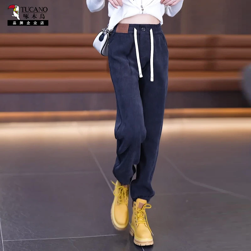 啄木鸟秋冬女士运动裤宽松加厚哈伦裤小个子高腰休闲显瘦束脚裤子