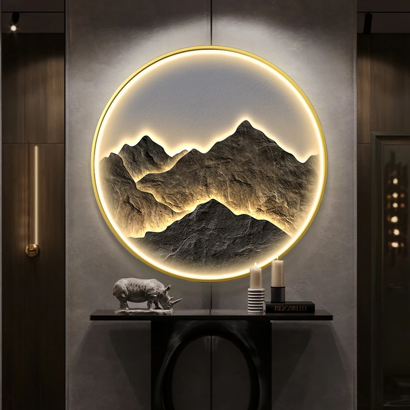 新款玄关装饰画背有靠山客厅灯画入户走廊过道挂画圆形进门画