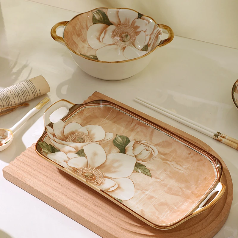 山茶花系列点心盘高温陶瓷餐具12英寸双耳长方形鱼盘家用