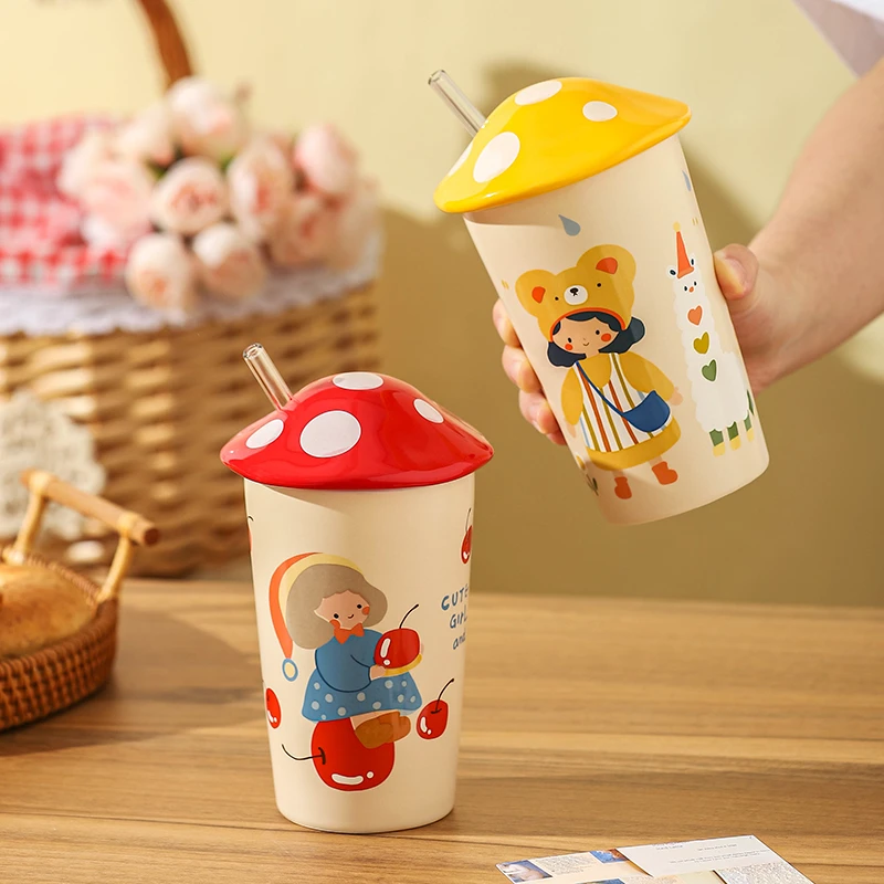 川岛屋蘑菇马克杯带盖陶瓷杯子女生家用可爱吸管水杯好看的早餐杯