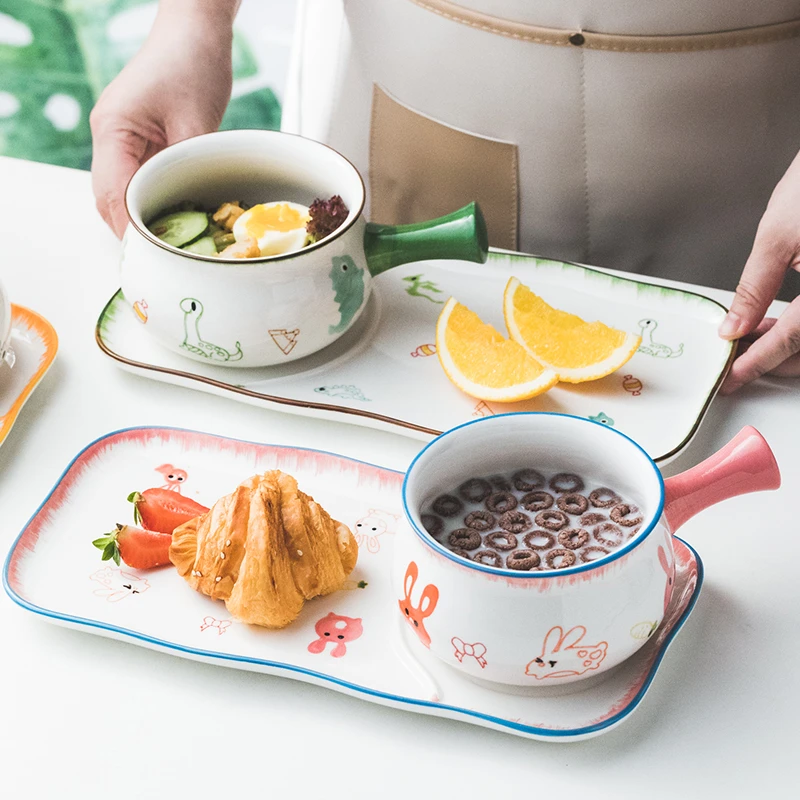 川岛屋动物系列餐盘可爱餐具套装手把碗组合陶瓷家用沙拉碗双耳