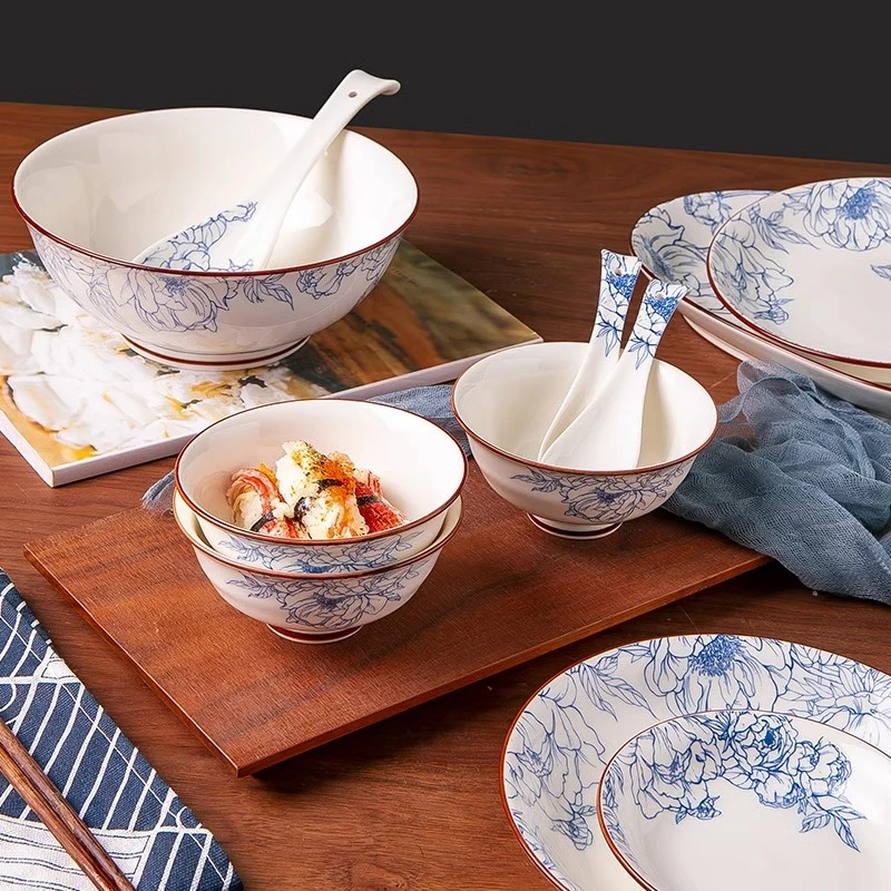 日式家用吃饭碗米饭碗菜盘鱼盘子陶瓷碗盘芍药釉下彩碗碟餐具套装