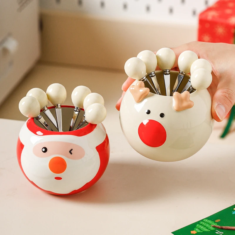 川岛屋圣诞不锈钢水果叉子儿童安全果插创意可爱收纳罐小叉子套装