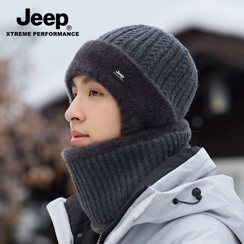 JEEP/吉普帽子男士冬天防风加绒保暖护耳护颈围脖套头针织帽男