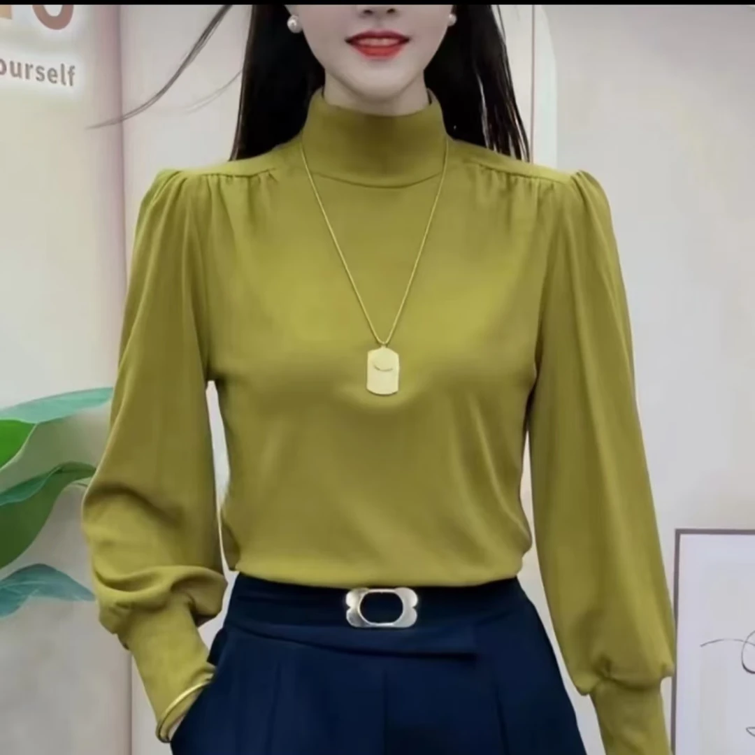 2024新款磨毛半高领气质泡泡袖百搭长袖秋冬打底上衣加绒加厚纯色