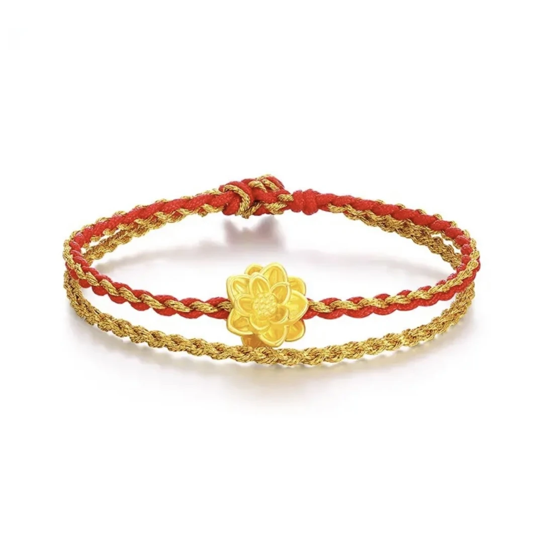 三生三世999足金莲花转运珠3D硬金黄金女手工编织绳荷花红绳国潮