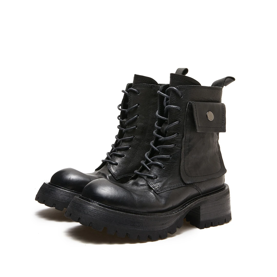 GUQI&LUXI秋冬复古做旧水洗马皮黑时尚系带圆头厚底百搭中筒女靴