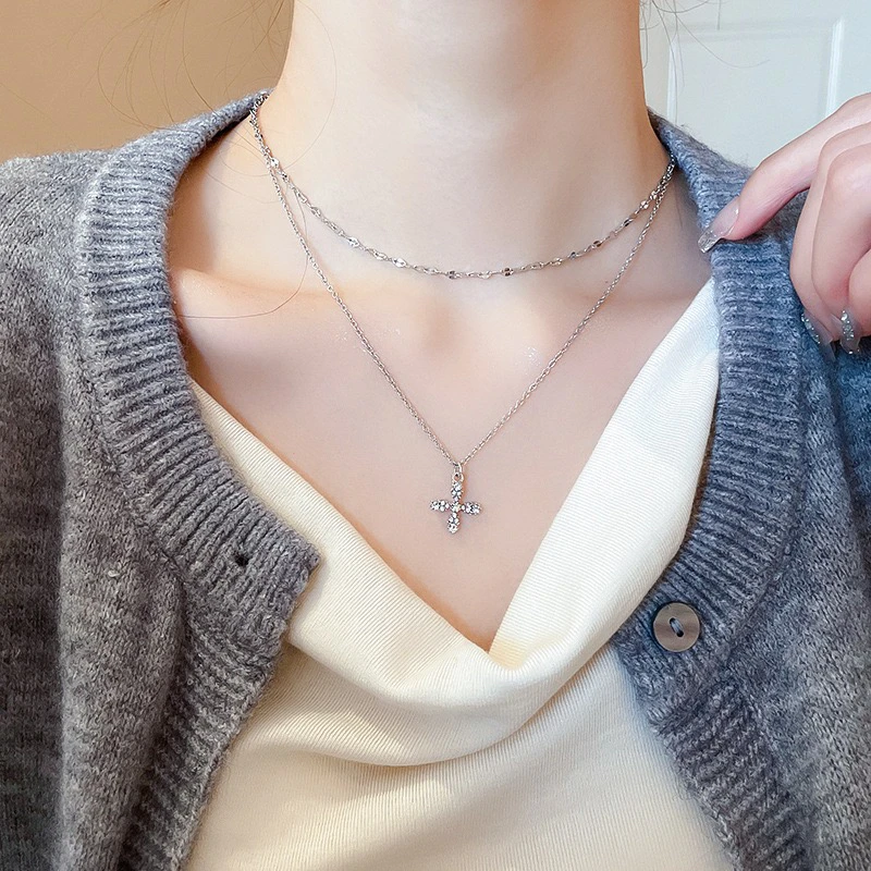 合金项链 十字架双层项链小众设计感简约锁骨链轻奢时尚气质项饰