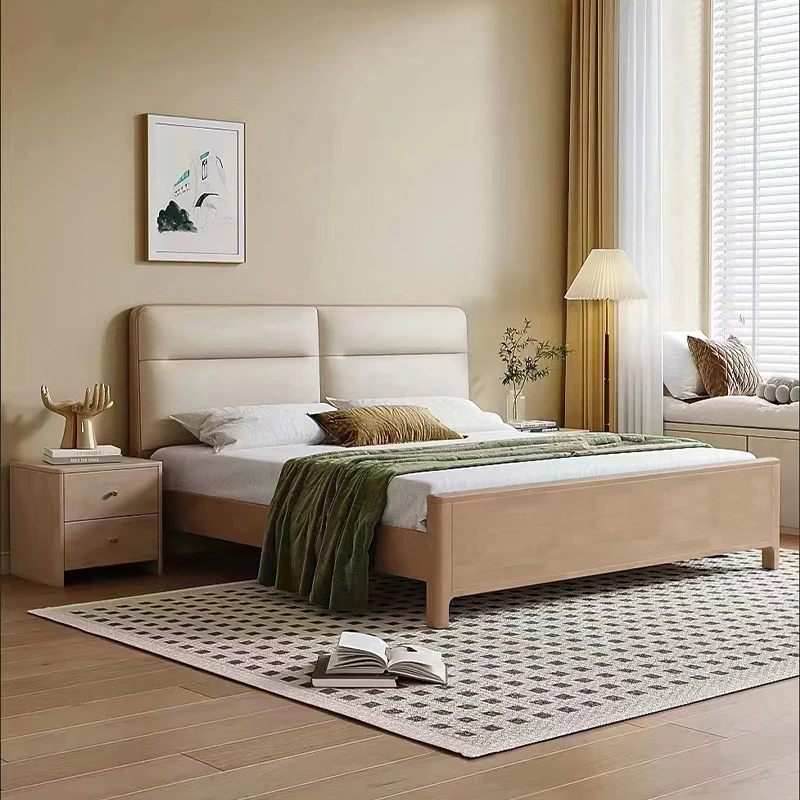奶油风现代简约欧实木别墅软包皮艺床橡木床大床主卧室家用实木床