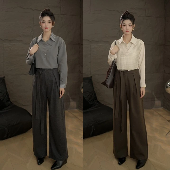 TITI定制【漫步波光】轻奢气质绑带高腰显瘦直筒休闲裤女T1055020