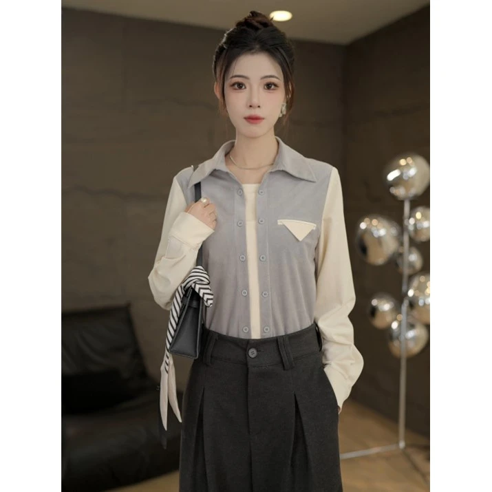 TITI定制【繁花协奏】轻奢气质拼色长袖衬衫宽松显瘦上衣TL3903069