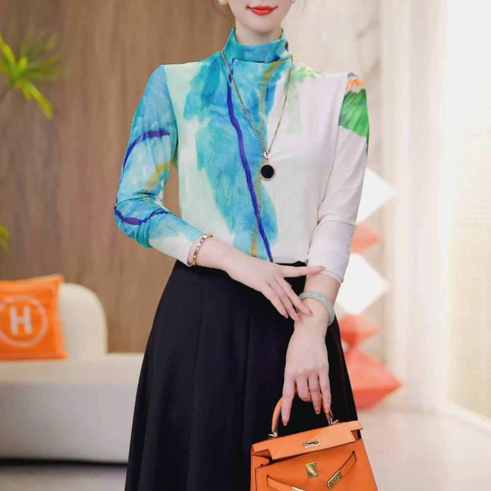 现货【海洋之心】肌肤纱中领新款秋款时髦洋气长袖打底衫上衣