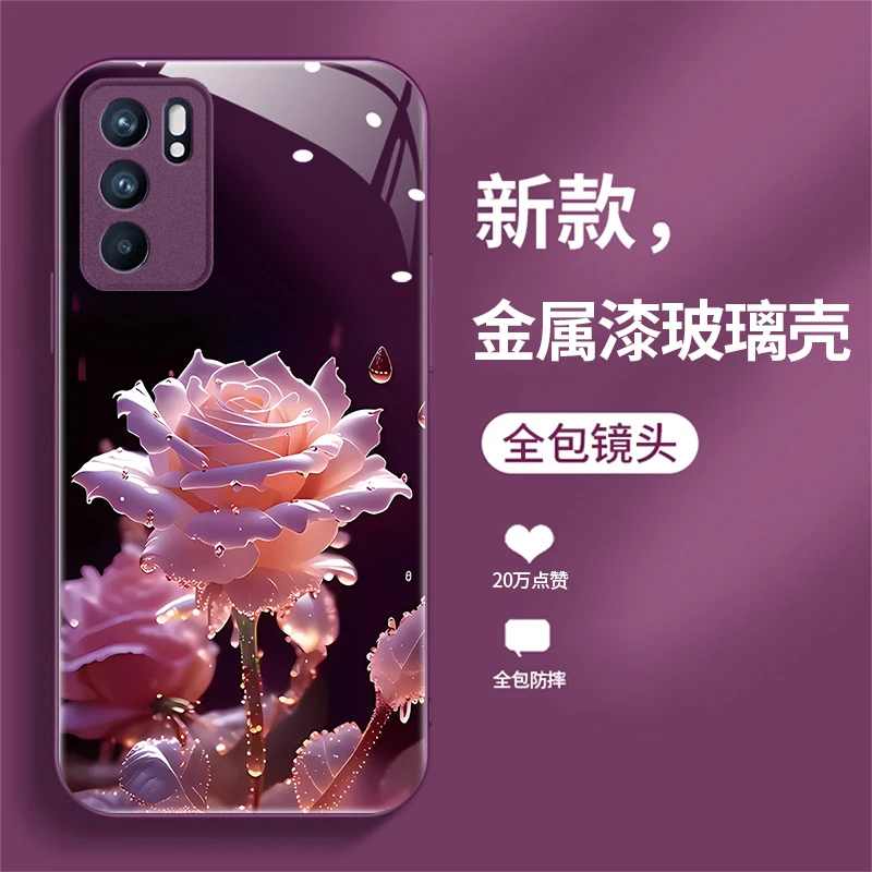 适用OPPOReno6手机壳Reno6pro液态玻璃个性时尚潮牌可爱雨中绽放