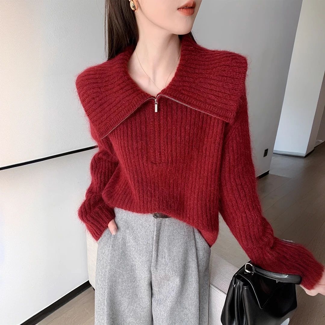 酒红色大翻领长袖针织衫女冬季2025新款韩版减龄软糯气质套头毛衣