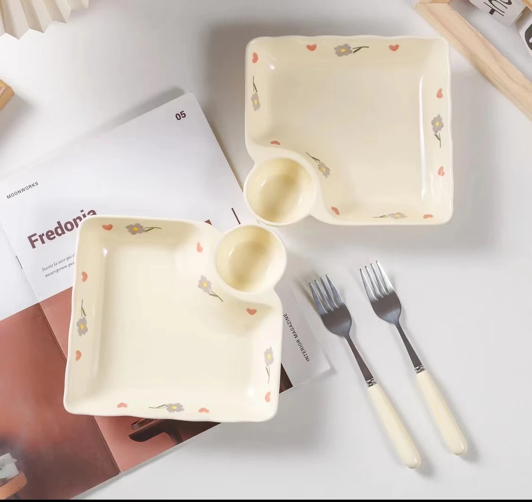 紫藤花奶油风家用陶瓷饺子盘薯条盘分隔料碟早餐蒸饺小吃盘餐具