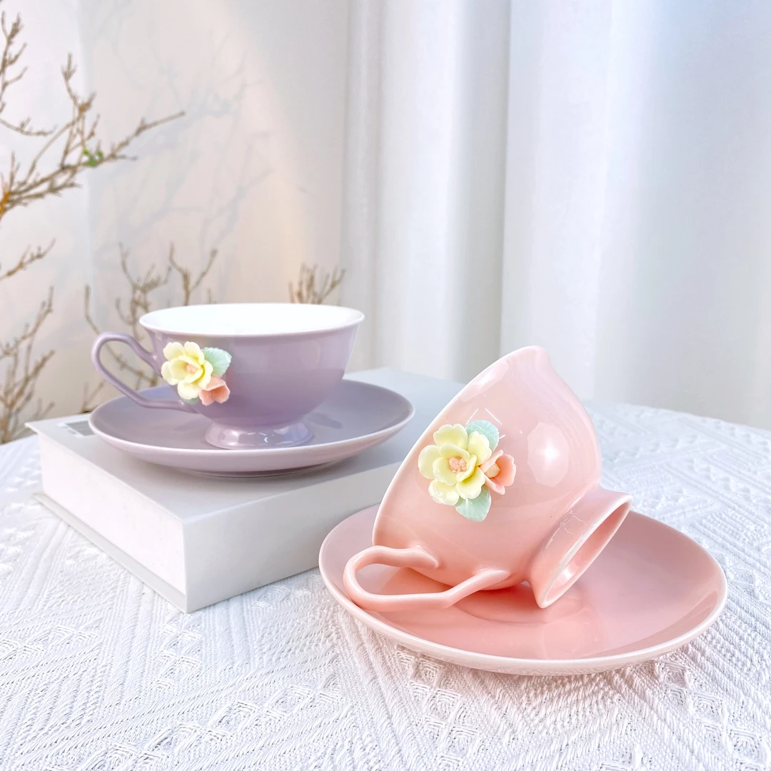 创意陶瓷捏花咖啡杯碟下午茶点心杯碟茶杯咖啡杯200ml