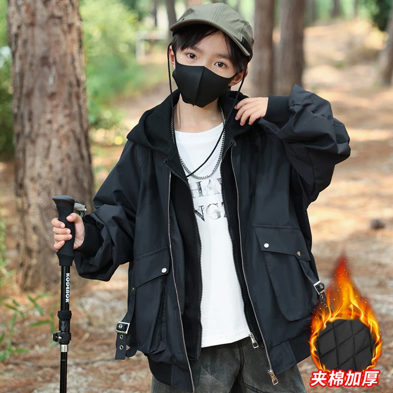 儿童装男童冬装加厚外套2024新款大童男孩春秋冬款夹棉保暖冲锋衣