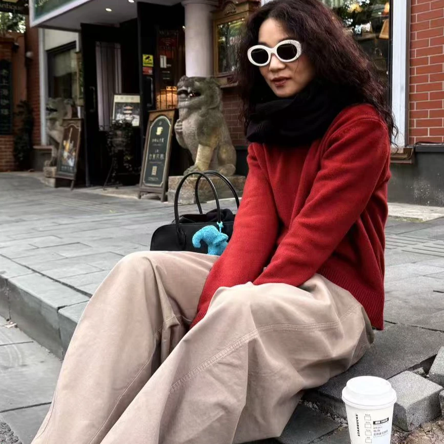 YW&XIE《浓茶》冬季 加厚女圆领毛衣宽松新款套头纯色打底衫1003