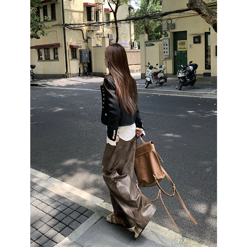 外卖到了【自留款】设计感小众晕染棕色直筒阔腿PU皮裤-WM3HSK02