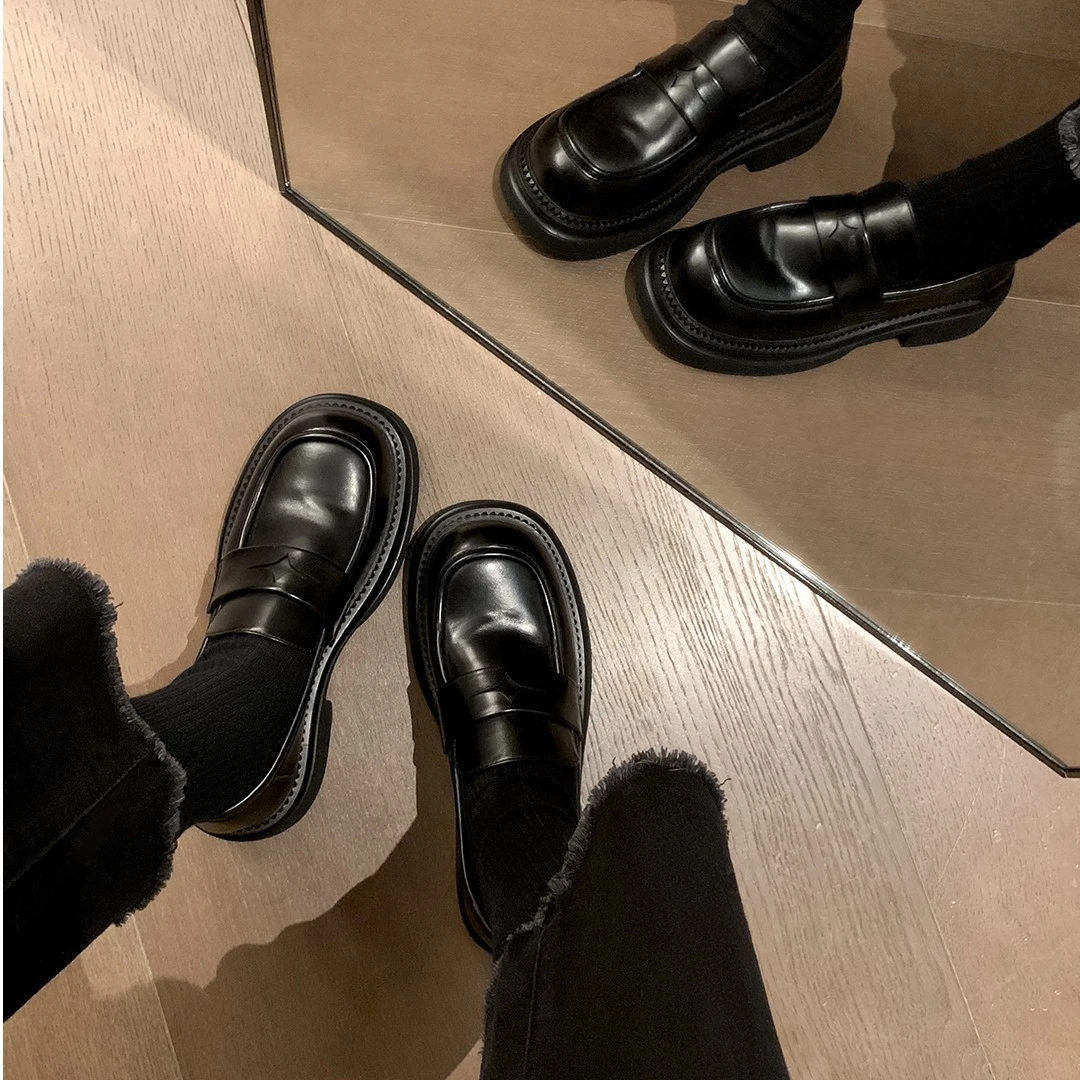 【断码清】新款方头厚底粗跟一脚蹬乐福单鞋小皮鞋英伦风复古乐福鞋